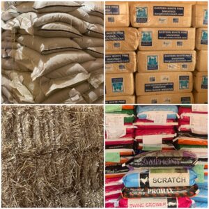 Four photo collage: feed bags and hay bales